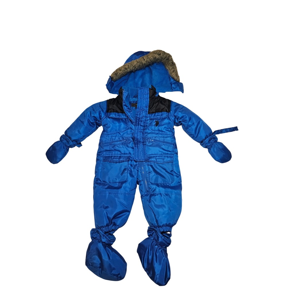 US Polo Assn Baby Boy Snowsuit Blue 18M Hooded Puffer One Piece Mittens Booties